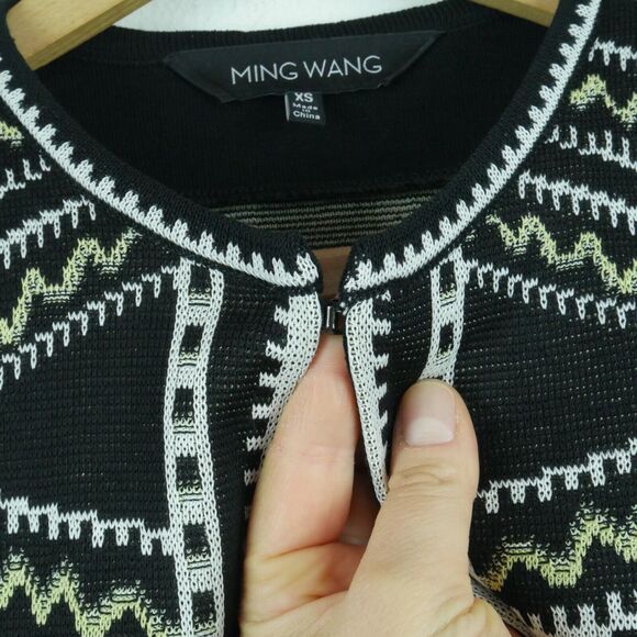 Ming Wang XS Jacket Knit Blazer Career Abstract Geometric Print Black Artsy - Picture 3 of 8